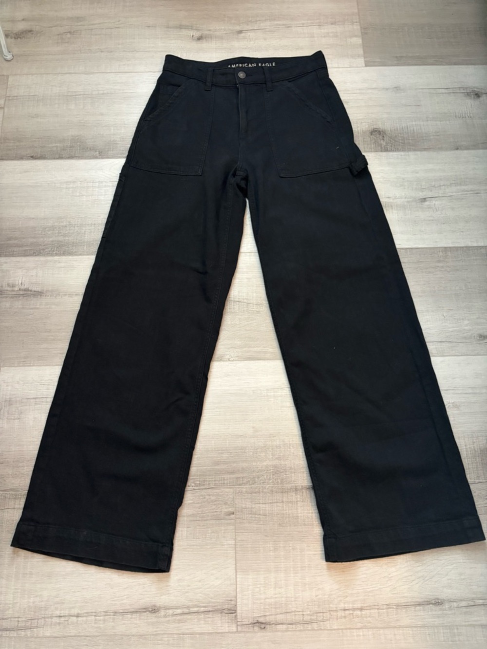 American Eagle Super High Rise Stretch Wide Leg Black Utility Pants 6
